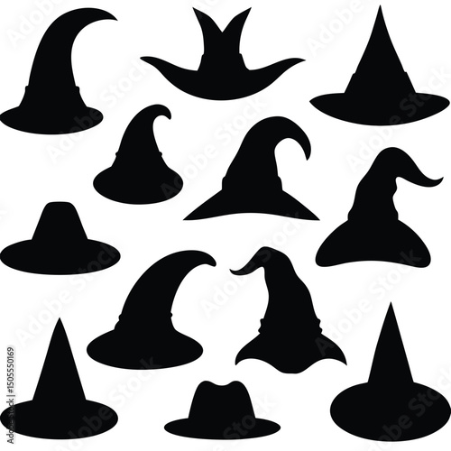 Assorted Black Silhouette Witch Hats, Halloween Costume Headwear, Party Accessory Decorations Art