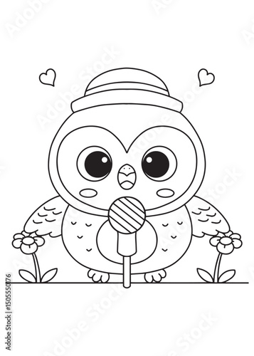 Coloring book owl wearing a cute hat, holding a lollipop, with hearts and flowers.