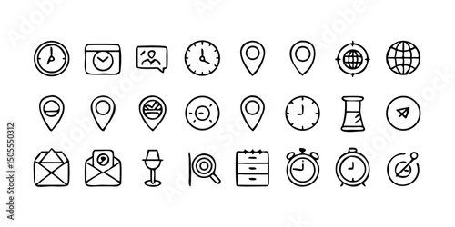 set icon Time, date and location icon set in line style, Containing hourglass, pin, stopwatch, calendar, clock, gps point, flag point, globe point and more, vector illustration