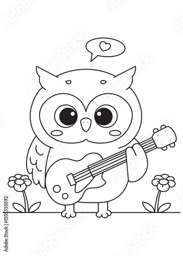 Coloring book owl serenades with a guitar, a heart above its head