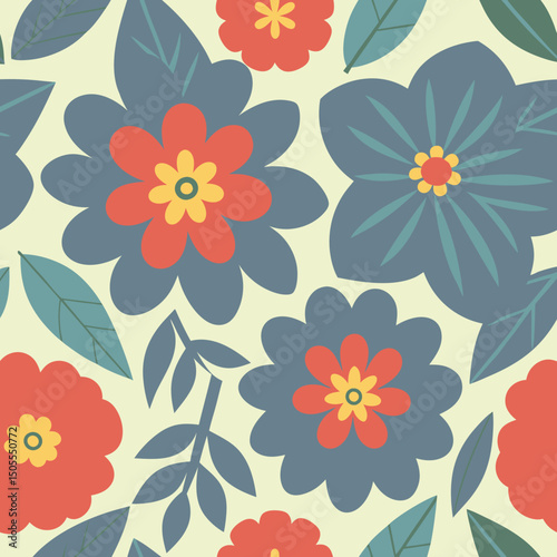 Wallpaper Mural Vibrant floral seamless pattern design with red blue flowers and green leaves Torontodigital.ca