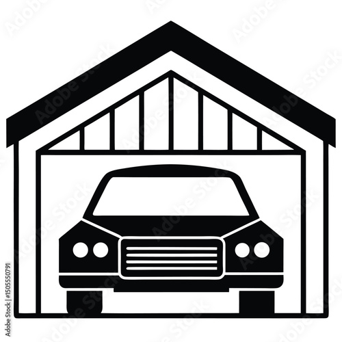 Black and White Car Icon Inside Garage with Slatted Roof Illustration