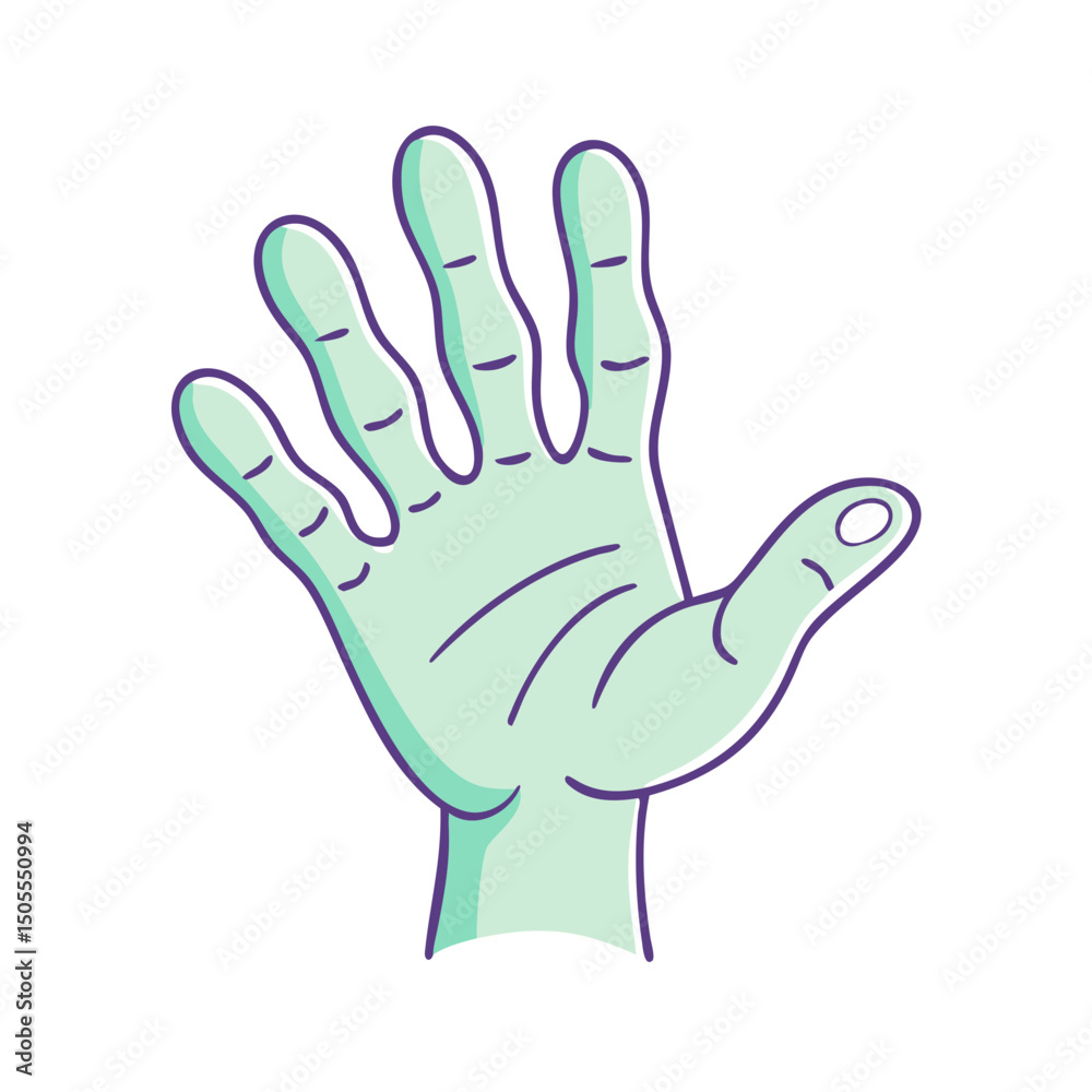 Obraz premium Illustration of stylized teal hand with purple outlines against white background