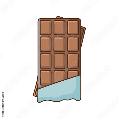 Cartoon milk chocolate bar partially unwrapped with blue wrapper illustration
