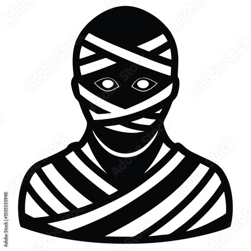 Black and White Depicting a Mummy Wrapped with Bandages Revealing Eyes