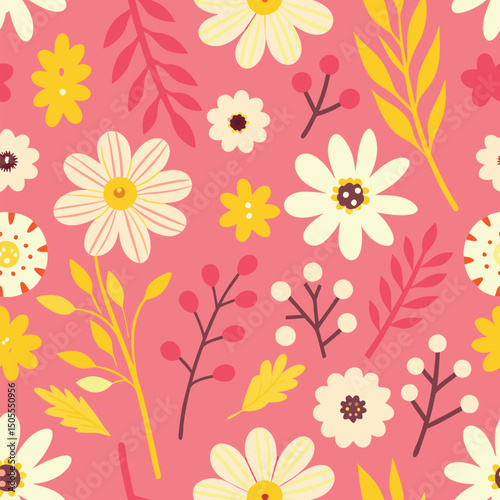 Wallpaper Mural Delightful floral seamless pattern featuring charming white and yellow flowers with decorative leaves on pink background Torontodigital.ca