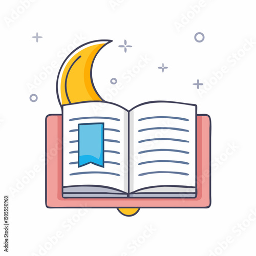 Whimsical Illustration of an Open Book with Moon and Star Elements
