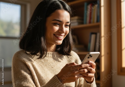 Smiling woman using her mobile phone while standing inside her home