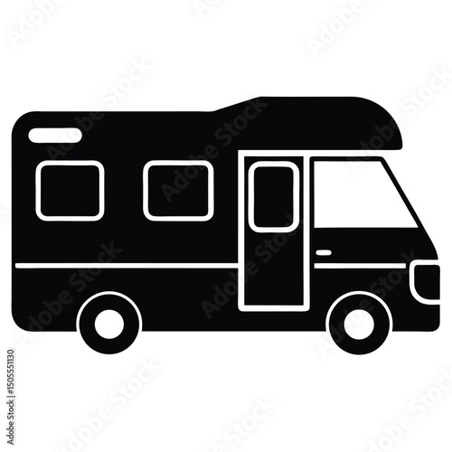 Black and White Illustration of a Modern Camper Van with Open Door