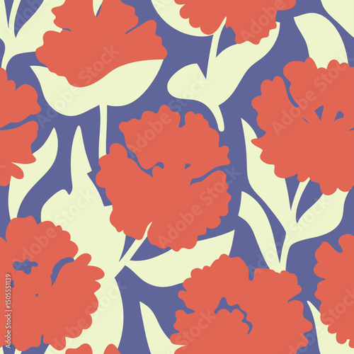 Repeating floral pattern design featuring stylized red flowers and cream leaves on blue background