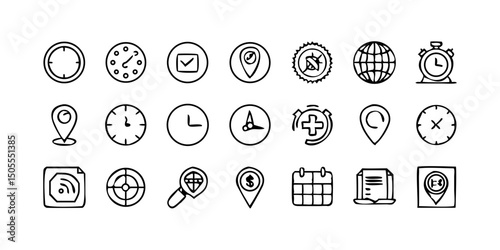 set icon Time, date and location icon set in line style, Containing hourglass, pin, stopwatch, calendar, clock, gps point, flag point, globe point and more, vector illustration