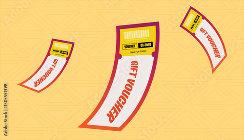 Colorful flying gift vouchers on a yellow background, perfect for promotions, sales, or festive discount themes.