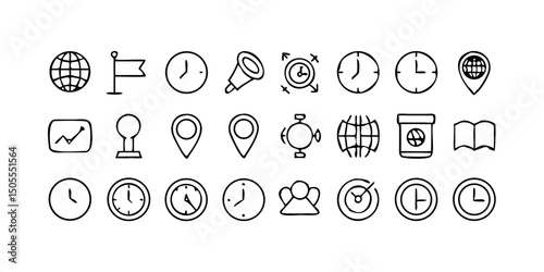 set icon Time, date and location icon set in line style, Containing hourglass, pin, stopwatch, calendar, clock, gps point, flag point, globe point and more, vector illustration
