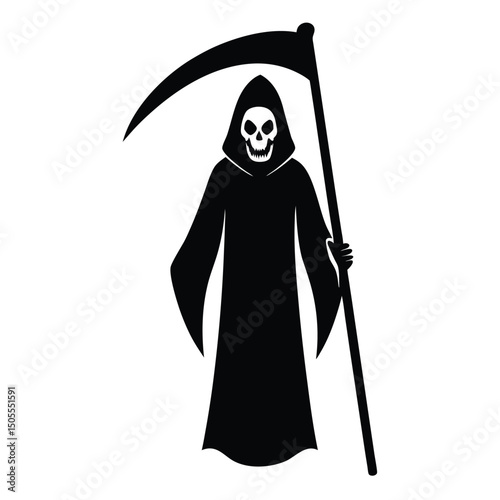 Black and White Silhouette of Grim Reaper Holding a Scythe Design