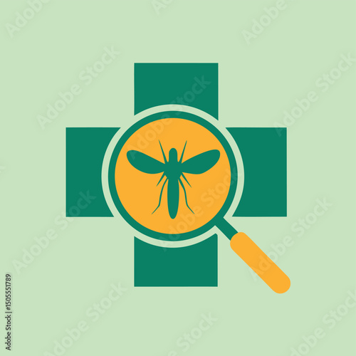 Mosquito insect symbol within magnifying glass on green cross healthcare design