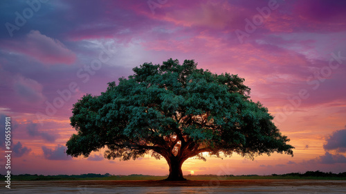 Large tree silhouette at sunset with vibrant purple and orange sky creating peaceful and dramatic natural scene