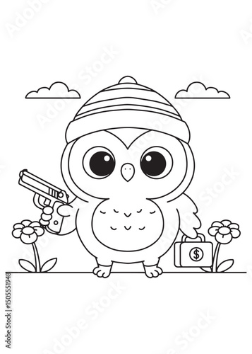 Coloring book owl is a super spy, ready for a secret mission with its tiny briefcase and cool hat