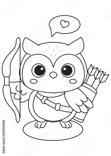 Coloring book Cupid owl is ready to spread love with bow and arrow