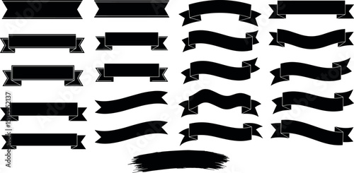  Black banner, ribbon silhouette vector set. Perfect for title, decoration, design. Editable, customizable. Bold shapes, modern to vintage styles. Straight edged, curved, waved designs.