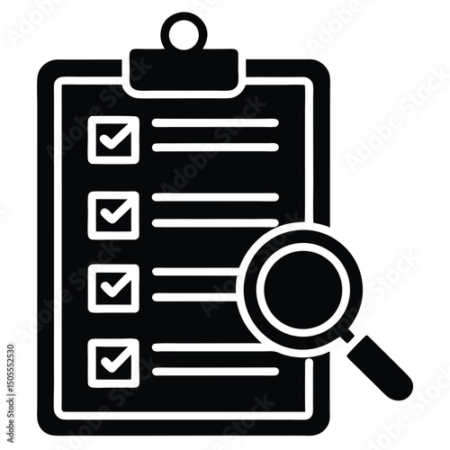 Black Clipboard with Checkmarks and Magnifying Glass Icon Isolated on White