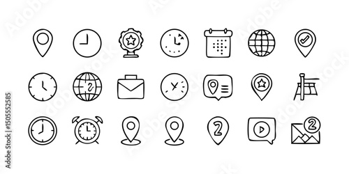 set icon Time, date and location icon set in line style, Containing hourglass, pin, stopwatch, calendar, clock, gps point, flag point, globe point and more, vector illustration