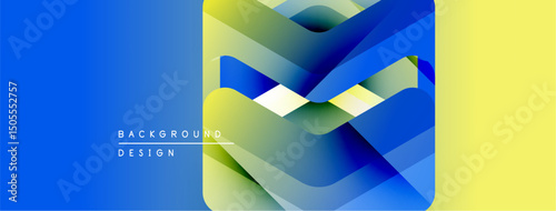 Abstract geometric shapes, vibrant blue, yellow gradients. Modern design elements create dynamic visual texture. Background features text labels.