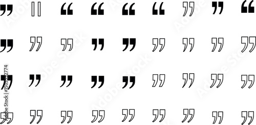 Collection of diverse quotation marks, black symbols on white, mix of solid and calligraphic styles, single and double quotes. Ideal for typography, writing, and language related content.