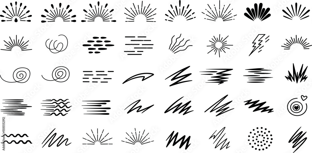  Comic line sparkle and movement elements set. black ink motion accents, burst effects, and dynamic hand drawn stroke symbols perfect for manga, cartoon, or pop art vector illustration projects