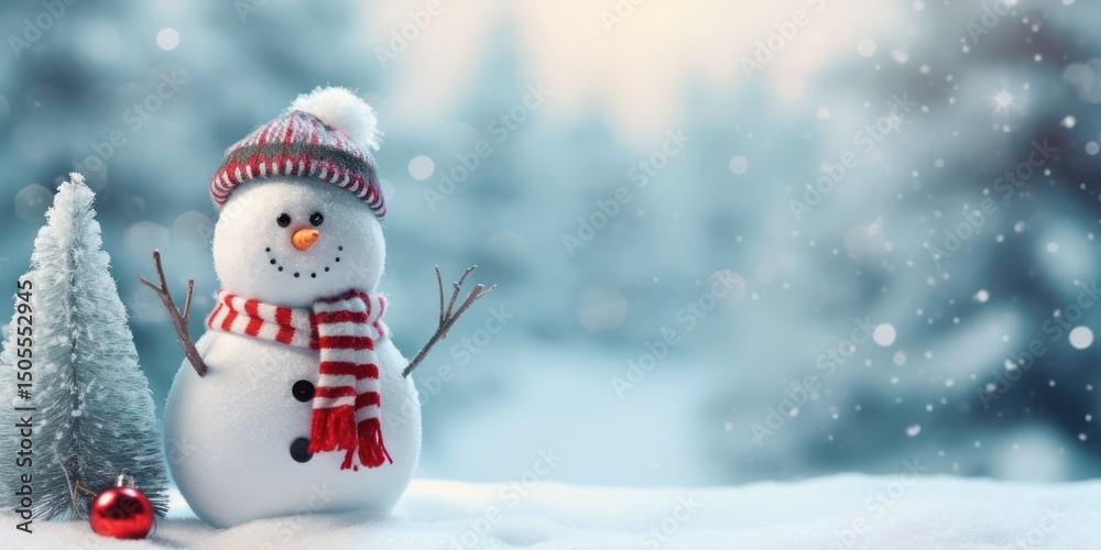 Fototapeta premium A snowman with a red scarf and hat, standing in a snowy landscape with a Christmas tree in the background.