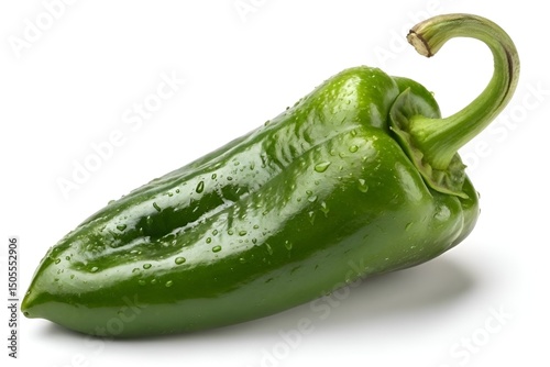 Single fresh green poblano pepper with water droplets isolated on white background
