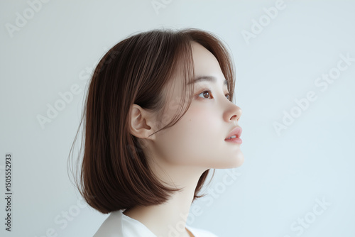Profile portrait of young Japanese woman with clear skin and natural expression