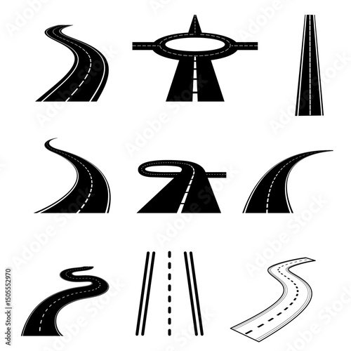 Black Car Road Icons Set – Highway Symbols & Road Sign Vector Illustrations