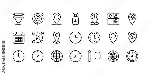 set icon Time, date and location icon set in line style, Containing hourglass, pin, stopwatch, calendar, clock, gps point, flag point, globe point and more, vector illustration