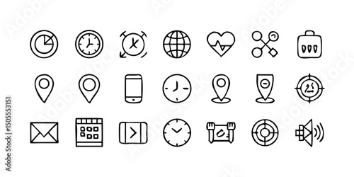 set icon Time, date and location icon set in line style, Containing hourglass, pin, stopwatch, calendar, clock, gps point, flag point, globe point and more, vector illustration