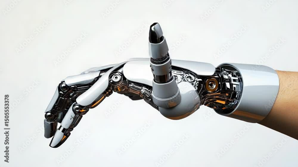 A futuristic robotic hand gently points forward, showcasing advanced mechanics and sleek design. Ideal for themes of innovation, robotics, and artificial intelligence.
