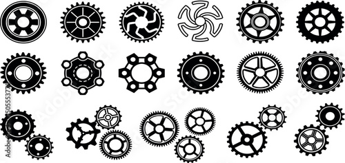 Gear icon vector set, black cogwheel vector collection, mechanical gear shapes, engineering symbols, industrial machinery, sprocket designs, abstract gearwheel graphics.