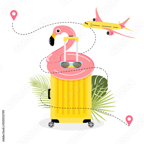 Summer composition with a yellow suitcase with a tropical leaf, an inflatable flamingo, sunglasses, and an airplane