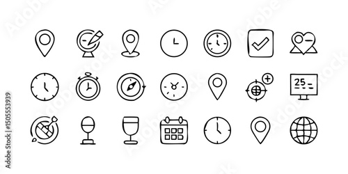 set icon Time, date and location icon set in line style, Containing hourglass, pin, stopwatch, calendar, clock, gps point, flag point, globe point and more, vector illustration
