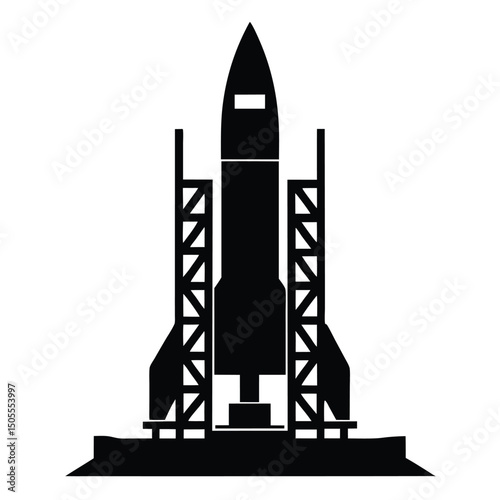 Black Rocket Ship on Launchpad Silhouette, Space Exploration Illustration
