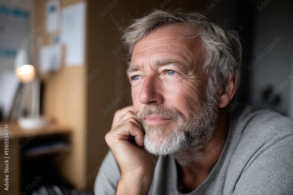 Fototapeta premium A contemplative middle-aged man gazes thoughtfully, surrounded by natural light, evoking feelings of introspection, serenity, and the quest for understanding in daily life.