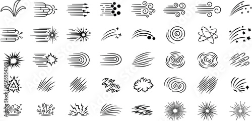 movement element vector set, comic speed lines, motion lines, dynamic effect, manga action elements, swoosh, burst, swirl, impact stroke, motion streaks, anime style, expressive sketch curve ink.