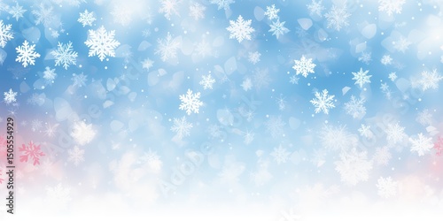 A festive winter scene with snowflakes falling on a blue background.