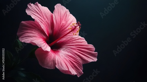 A blossomed Korean pink hibiscus flower, red center, macro close-up, black background, soft cinematic lighting, National Geographic style 