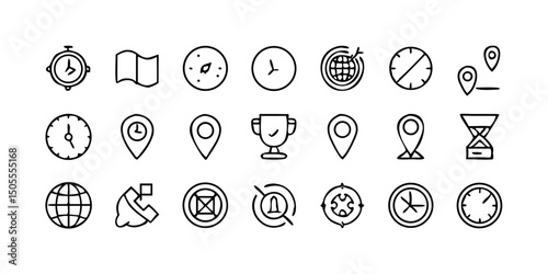 set icon Time, date and location icon set in line style, Containing hourglass, pin, stopwatch, calendar, clock, gps point, flag point, globe point and more, vector illustration