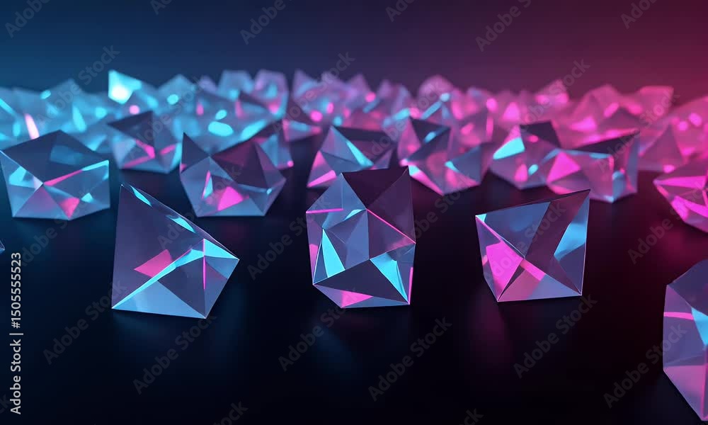 Abstract Geometric Crystal Shapes With Glowing Blue And Pink Light Against A Dark Backdrop