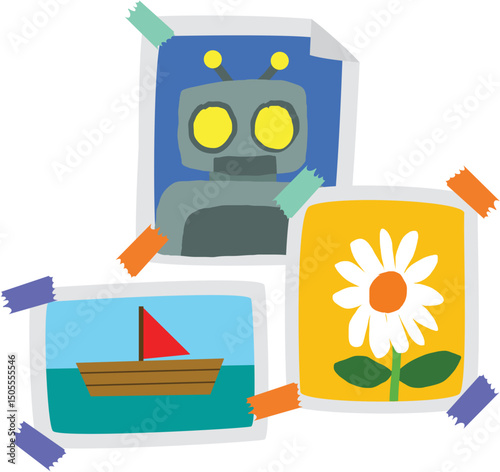 Pictures of robot, sailboat and flower with tapes