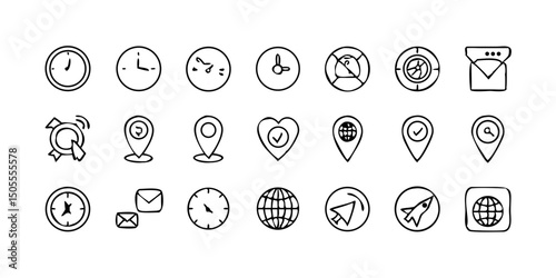 set icon Time, date and location icon set in line style, Containing hourglass, pin, stopwatch, calendar, clock, gps point, flag point, globe point and more, vector illustration