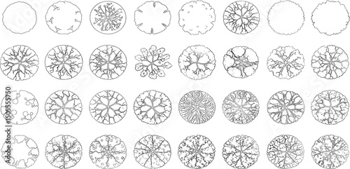 Tree top view outline collection, diverse foliage patterns, ideal for architectural plans, landscape designs, urban planning botanical illustrations, and garden