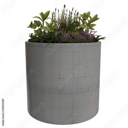 A cylindrical planter, light grey with subtle texture, holds a lush arrangement of various small plants, including greenery and purple flowers