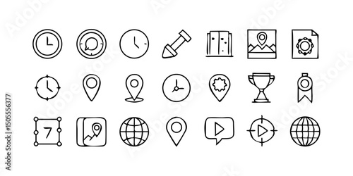set icon Time, date and location icon set in line style, Containing hourglass, pin, stopwatch, calendar, clock, gps point, flag point, globe point and more, vector illustration